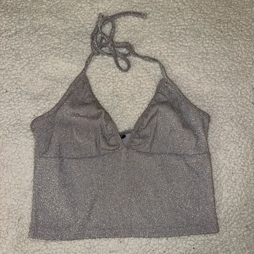 Urban Outfitters Women’s Silver Sparkle Metallic Cropped Halter Top Medium EUC